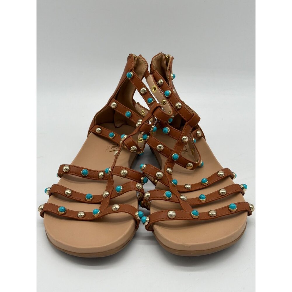 Kenneth Cole Reaction Womens Tan Sandals With Turquoise & Gold Studs Size 6